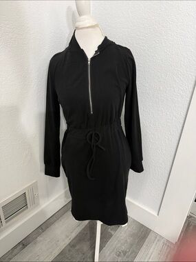 Black Long-Sleeve Hooded Zip-Front Drawstring Dress